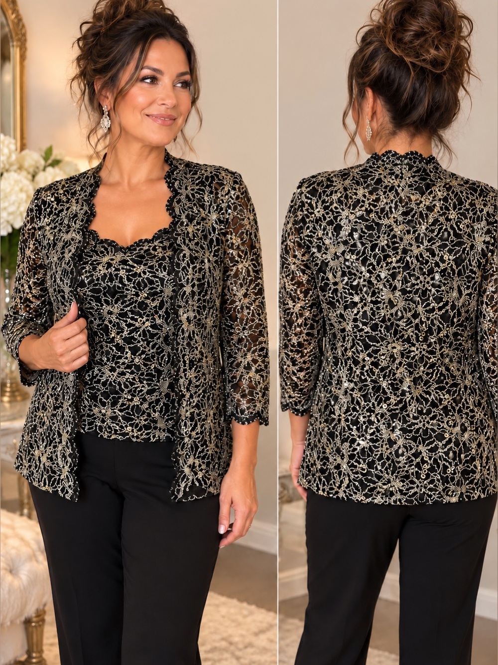 Alex Evenings XL Black Silver Sequin Lace 2 Piece Twinset Jacket & Top